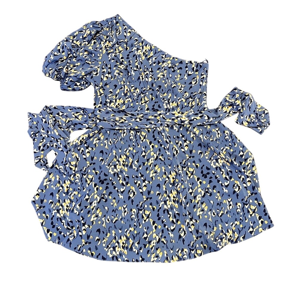 Nine West Womens XL Blue Leopard Print One Shoulder Tie Waist Mini Dress XL - Picture 4 of 8
